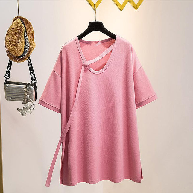 Niche Design Sense Mid-length Short-sleeved T-shirt 2024 Summer chubby girl plus size Women's Loose Slimming All-match Solid Color Top