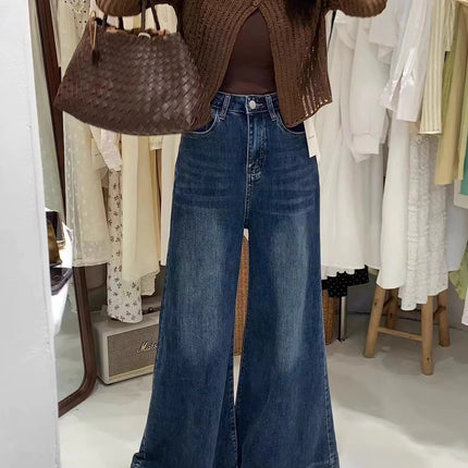 Stretch Large Wide Leg Retro Jeans Women's Autumn 2024 New High Waist Loose Slimming All-match Elegant Mop Pants