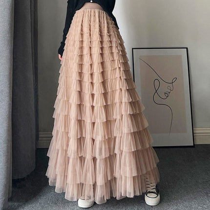 Sauze Skirt Women's Sweet Multi-Layer Cake Mesh Skirt light purple Elegant Elegant Elasticite Waist Princess A- Line Long Skirt
