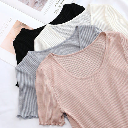 Tangge Silk T-Shirt Women's Short-Sleeved Bottoming Shirt Summer Versatile Slim Mulberry Silk Garden Collar Threaded Tight Top Thin