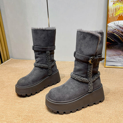 Fur Integrated Snow Boots for Women 2025 New Belt Buckle Thick Heel Thick Sole Fashion Mid-Calf Boots Foldable Two-Wear Women's Boots
