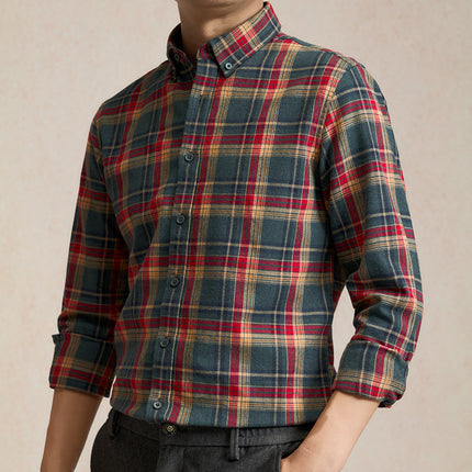 Autumn and Winter New Pure Cotton Brushed Long-Sleeved Shirts for Young and Middle-Aged Plaid Casual Business Men's Shirts Popular on Douyin