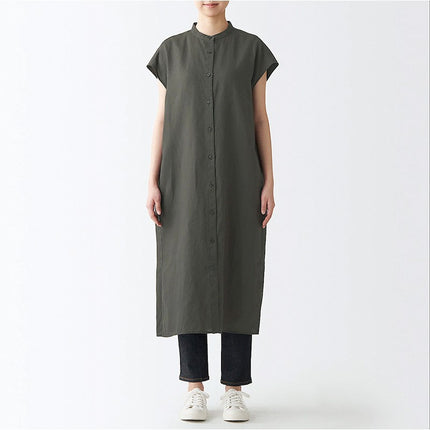Japanese Style Linen Washed French Sleeve Dress with Vertical Collar Short Sleeve Thin Coat Long Large Size Cardigan Loose Clothes for Spring and Summer