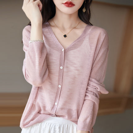 Slub Knitted Cardigan Women's Thin Ice Silk Linen Jacket Summer New Loose Outer Shawl Air-conditioning Shirt for Women