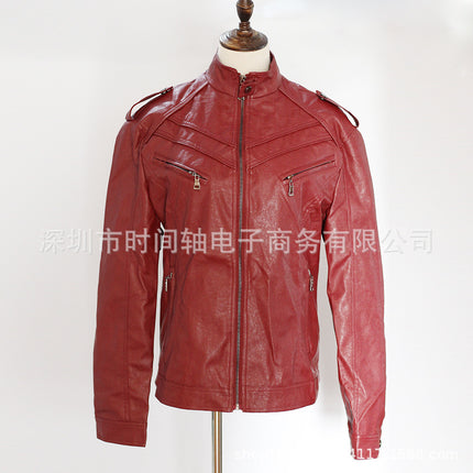 2025 New Autumn and Winter Leather Jacket Men's Color Splicing Stand Collar Top Jacket E9G881 European Station Hot Sale Wish