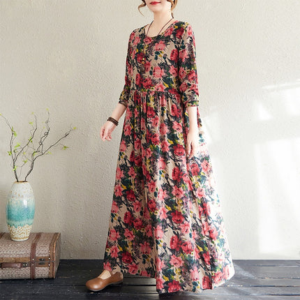 2025 Early Spring New Style Color Holiday Style Travel Crewneck Long Sleeve Retro Long Dress Women's Mat Covering Cotton and Linen dress