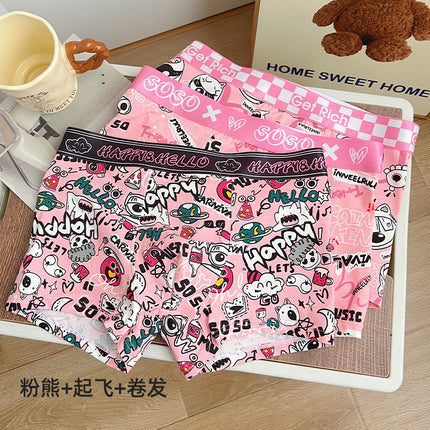 Trendy Brand Pink Men's Underwear Cotton Four-Corner Boys Cartoon Cute Fierce Men's Pink Boyfriend Bagged Cotton Shorts