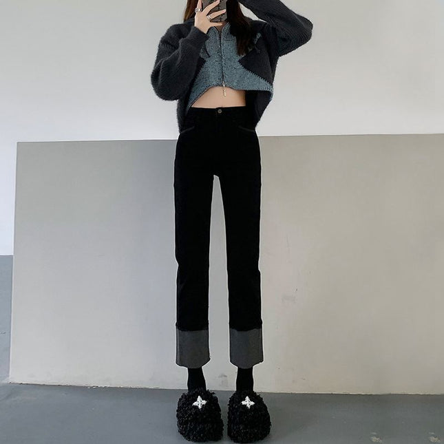 Black straight jeans women's spring and autumn small Winter wide leg baguette pants loose cropped high waist pipe pants