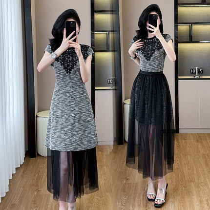 Cross-Border Hot-Selling Two-Piece Set 2025 New Style Small Fragrance Rhinestone Dress + Mesh Skirt Set