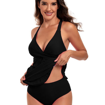 Amazon Foreign Trade 2024 European and American Summer Skirt Tankini Deep V Solid Color Strap Standard Separates Swimsuit for Women