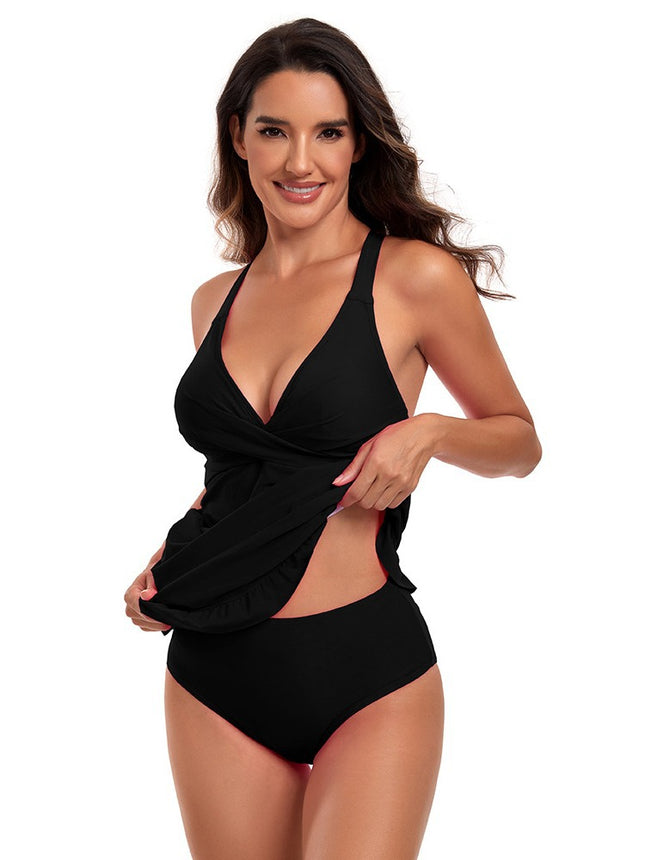 Amazon Foreign Trade 2024 European and American Summer Skirt Tankini Deep V Solid Color Strap Standard Separates Swimsuit for Women