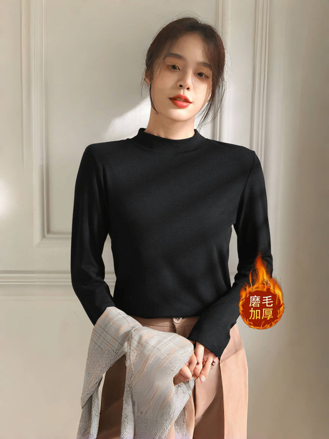 Brushed Thickeneded Small Stand-Up Collar Bottoming Shirt for Women in Spring, Autumn and Winter with Velvet and Thickeneding 2025 New Warm Top for Women