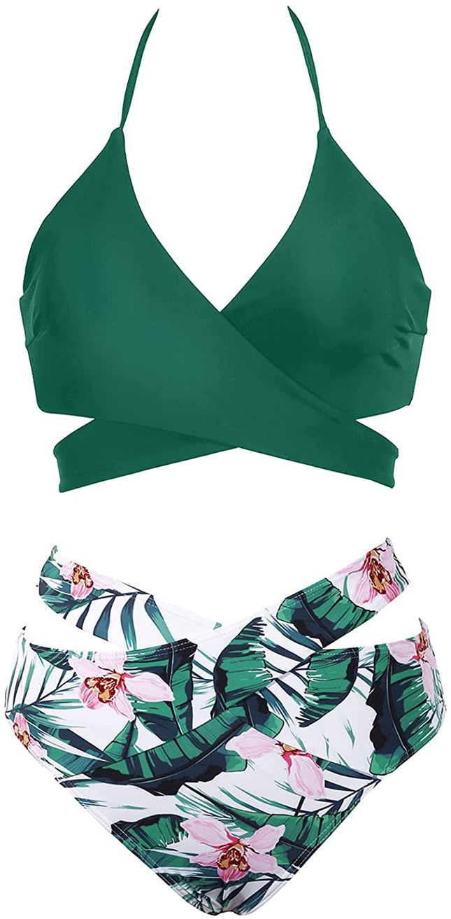 Cross-border New European and American Women's Split Swimsuit Floral Color-matching High Waist Cross-AliExpress Bikini Bikini