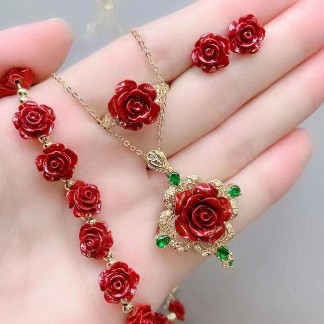 Natural Cinnabar Rose Flower Ring Pendant Earrings DIY Braided Ring Rose Flower Bracelet Bracelet Live Supply