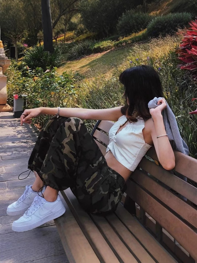 Army Green Commuter Camouflage Overalls Men's and Women's Summer National Fashion Casual Loose Dosing Wide-Leg Straight Pants