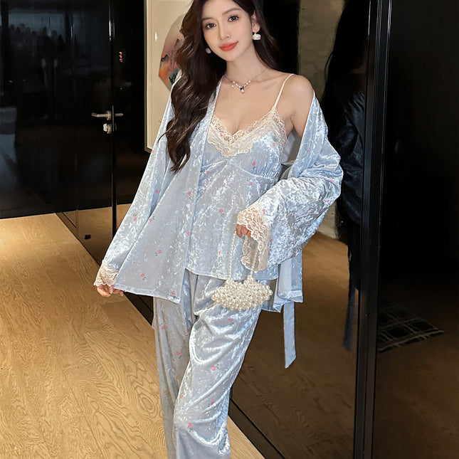 Wholesale Autumn and Winter New Style Gold Velvet Light Luxury Pajamas for Women Gold Velvet Home Clothes Live Broadcast Three-Piece Set Lace Pure Desire