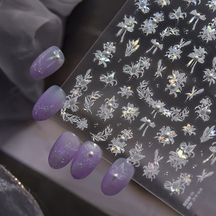 Crystal Diamond White Lily Rose Butterfly Nail Art Sticker Embossed 3D New Ins 5D Flower Nail Sticker Decoration