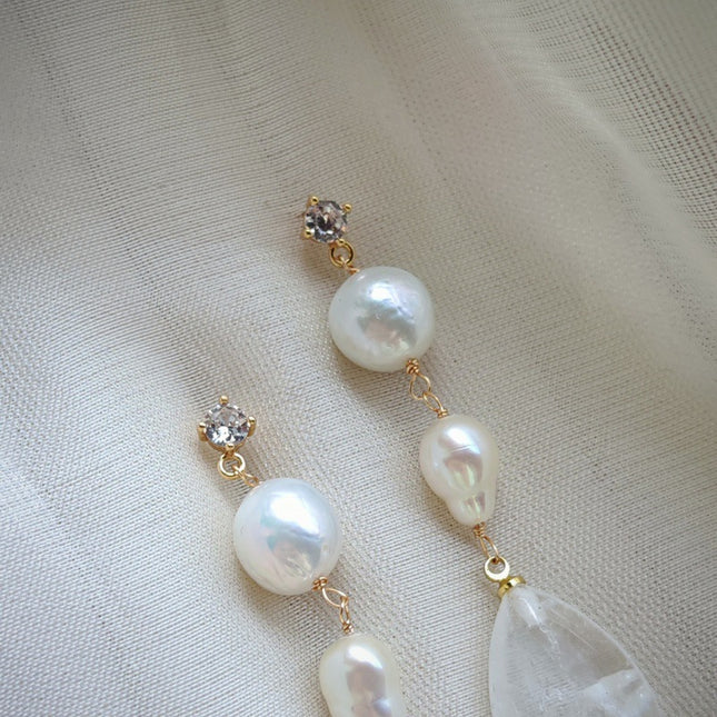 Original Design Natural Freshwater Pearl White Crystal French Water Drop Handmade Mid-Length Earrings Earrings Earrings