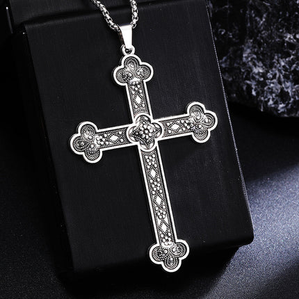 European and American Cross-Border Gothic Rune Cross Pendant Sweater Chain Fashion Retro Cross Plaid Flower Necklace Jewelry