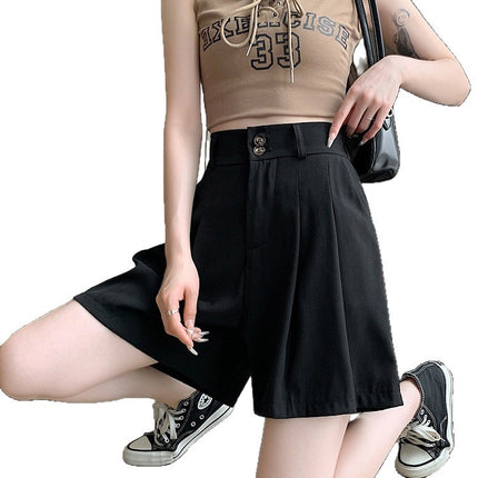 2025 Black Five-Point Suit Shorts for Women, New Autumn High-Waisted A-Line Casual Pleated Wide-Leg Shorts for Outerwear