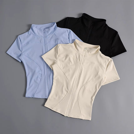 High Elastic Yoga Short-sleeved Jacket with Vertical Collar Zipper Tight Running Jacket Quick-drying Naked Fitness Short-sleeved Women's Summer