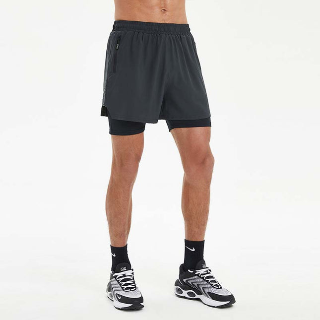 Summer Men's Sports Double-Layer Shorts Running Fitness High Elasticity Fast Dry Group Running Professional Marathon Three-Minute Pants Spot