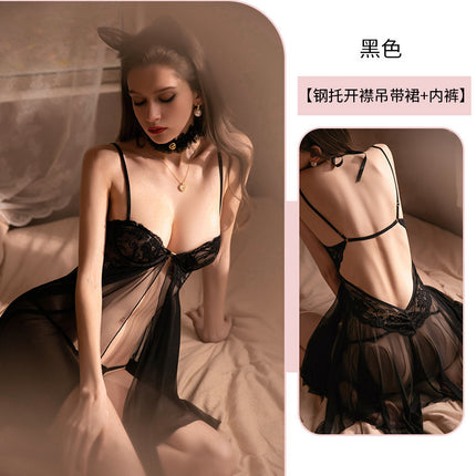 Koni Sexy Pajamas for Women Qqny Lace Edge Mesh Transparent Hot Temptation Pure Desire Suspender Backless One Piece Drop Shipping