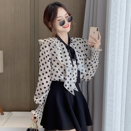 2025 Design Style Led Lotus Leaf Chiffon Shirt Lantern Sleeve Western Style Retro Wave Dot Niche Shirt Women's Early Spring Wear