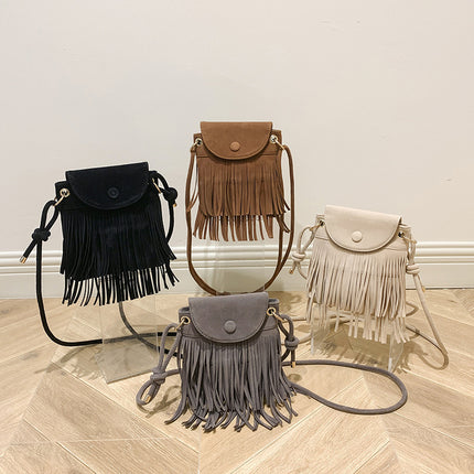 2025 New Trendy Niche Design Tassel Phone Bag for Women, Single Shoulder Crossbody Small Square Bag, Retro Hong Kong Style Suede Bag