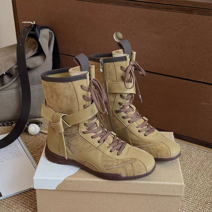 Celebrity-Style Retro Boxing Boots, Melard Flat-Soled Height-Increasing 2025 New Genuine Leather Women's Boots, Wasteland Style for Autumn and Winter