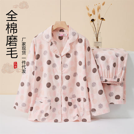 Brushed pajamas women's Japanese-style cotton flannel Spring and Autumn new warm non-printed same style outdoor home wear suit