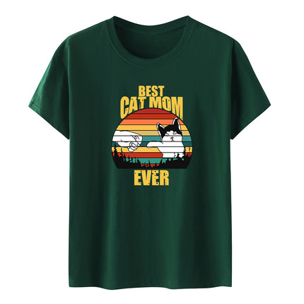 Amazon Summer Best Cat Mom even Mother's Day Fist Cat Letter Printed Casual Short-sleeved T-shirt Women