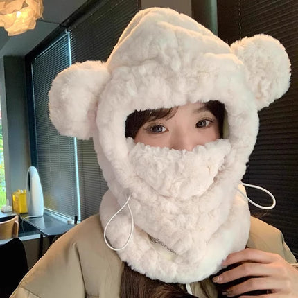 Korean Cute Plush Ear Protection Three-In-One Women's Thickeneded Mask Scarf All-In-One Cycling Warm Winter Bear Hat