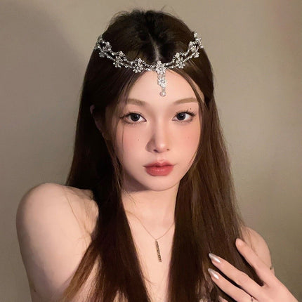Exotic Style ancient style forehead accessories Hanfu hair accessories women's pearl flower tassel hair band Diamond-embedded headdress ethnic style hair band
