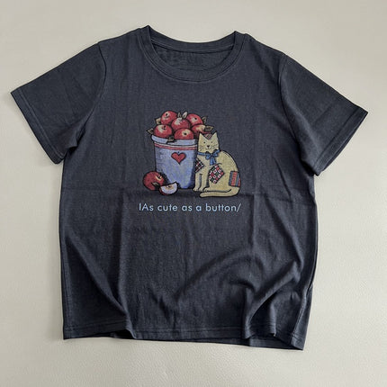Apple Cat's Textured T-Shirt Summer New Round Neck Printed Casual Style Tee Loose Top Women's Versatile