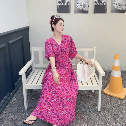 Cotton floral dress 2024 new thin waist pure wind Amazon artificial cotton beach dress fairy dress