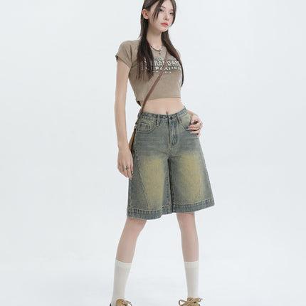 American Retro Old Washed Denim Shorts New Loose Slimming High Waist Non-bullet Mid-length Pants