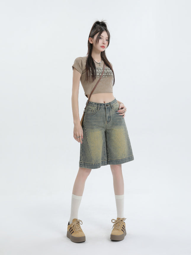 American Retro Old Washed Denim Shorts New Loose Slimming High Waist Non-bullet Mid-length Pants