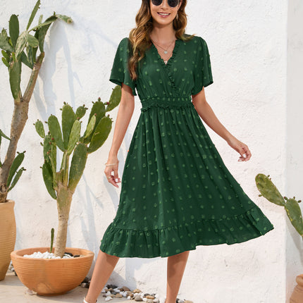 Amazon Cross-Border V-Neck High-Waist Strap Dress Fur Ball Short-Sleeved Dress Casual Vacation Travel Dress
