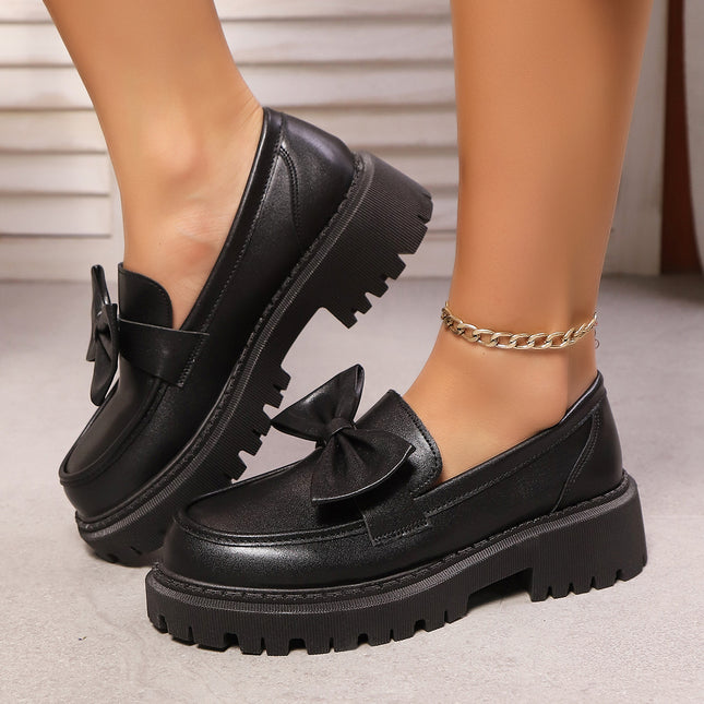 Foreign Trade Cross-Border Large Size 35-42 Loafers for Women Niche Bow Thick-Soled Small Leather Shoes for Women Retro Flats for Women