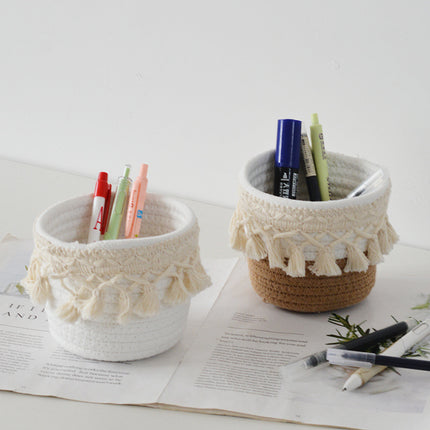 Ins Style Woven Cosmetic Brush Bucket Pen Containers Storage Basket Handmade Cotton Rope Household Desktop Sundries Finishing Storage Basket