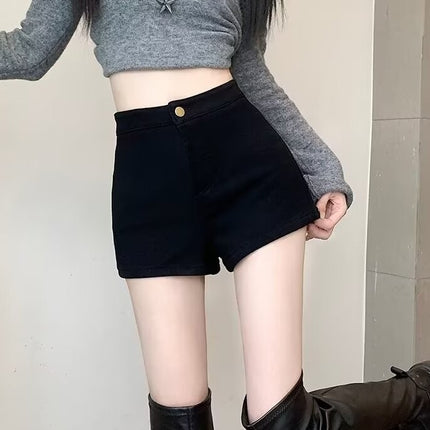 High-Waisted Retro Black Slimming Look Denim Shorts for Women in Autumn and Winter Fleece-Lined Boot Pants for Small People to Show Leg Length and Wear Leggings