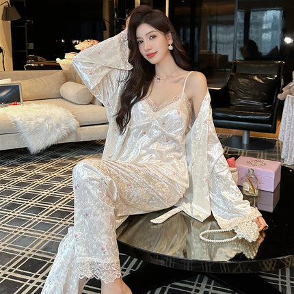 Wholesale Autumn and Winter New Style Gold Velvet Light Luxury Pajamas for Women Gold Velvet Home Clothes Live Broadcast Three-Piece Set Lace Pure Desire