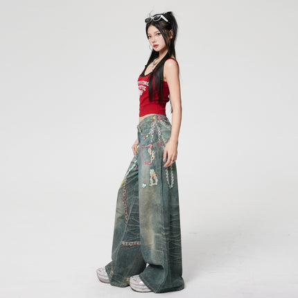 American Retro Printed Chain Design High-Waisted Wide-Leg Jeans for Women, New Spring and Autumn Loose Slimming Floor-Length Pants Trendy