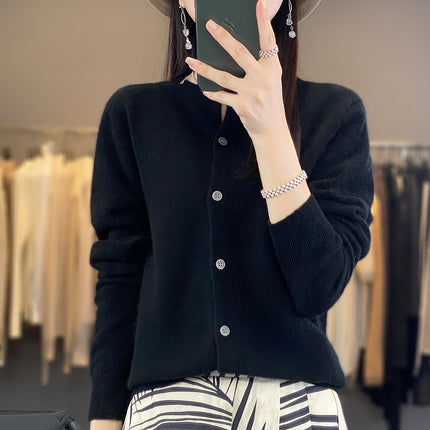 Factory wholesale autumn and winter new 100% wool round neck knitted cardigan women slim fit knitted coat sweater Joker