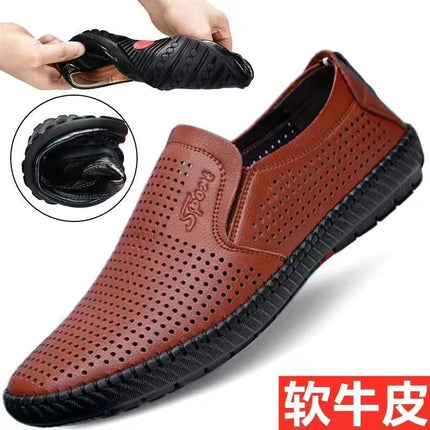 Genuine Leather Cowhide Men's Breathable Deodorant Summer Extraordinary Size Slip-on Men's Casual Leather Shoes Soft Leather Peas Men's Shoes