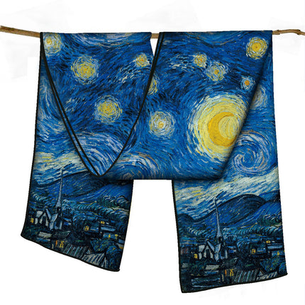 150cm Spring Long Van Gogh Oil Painting Series Starry Sky Women's Long Silk Scarf All-Match Shawl Scarf Scarf for All Seasons