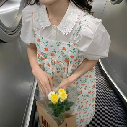 Suit for Women Summer Korean Style Puff Sleeve Shirt + Double Shoulder Strap Floral Skirt Energetic Girl Doll Suspender Skirt Two-Piece Set