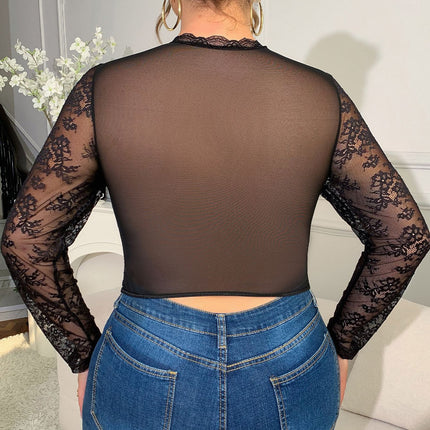 New European and American Style Plus-Size Slim-Fit Lace Mesh Patchwork Lace Sexy Hollow-Out Sheer Fishbone Underwire Top