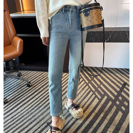 Embroidered Smiley Face Light-Colored Straight-Leg Jeans for Women, 2025 Spring New Popular High-Waisted Slim-Fit Cropped Cigarette Pants